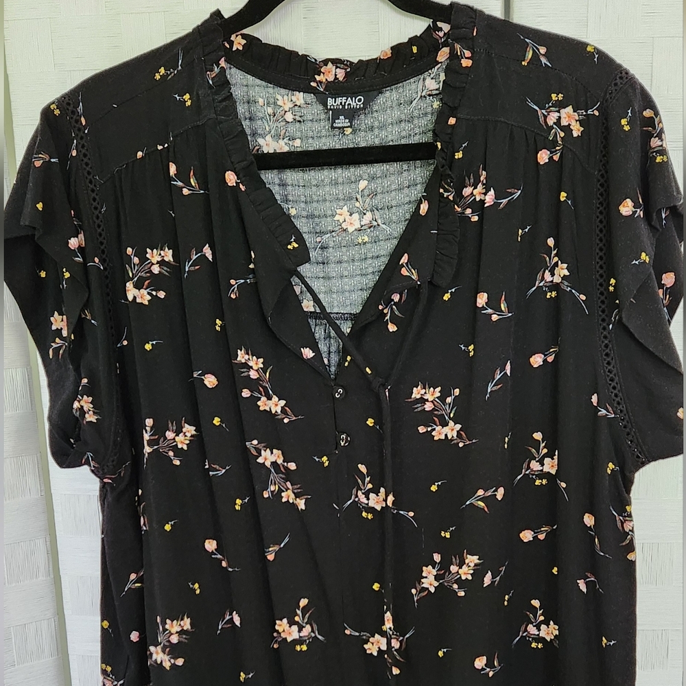 Plus Size XL Buffalo Black Flower Print Peasant Blouse
